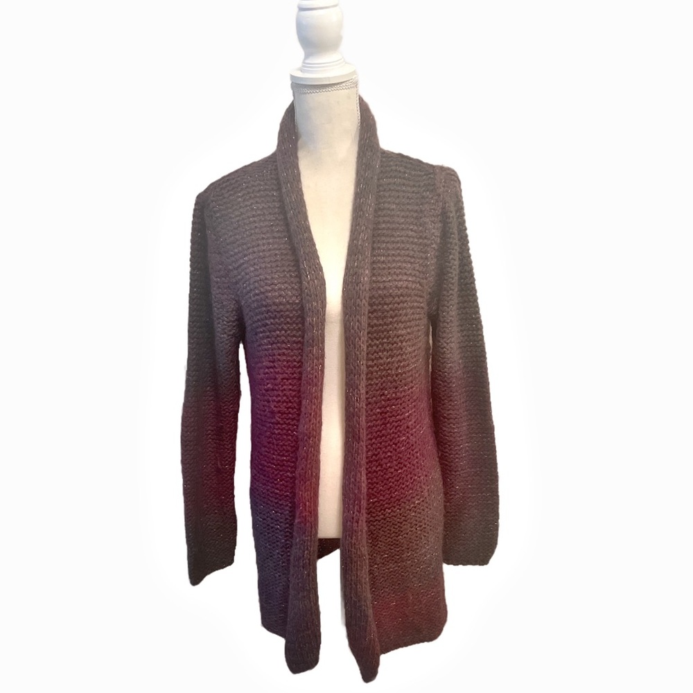 Elegant Knit Cardigan Warm Gray/Maroon with
 metallic thread running throughout